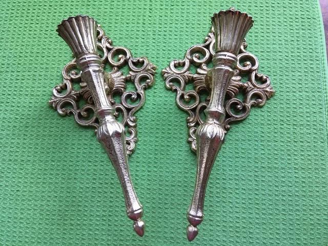 PAIR of 2 VTG Gold Tone Wall Mount Candle Sconce HOLLYWOOD REGENCY Heavy Metal