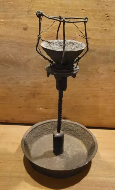 Primitive Antique Late 18Th Century Hand Wrought Iron Fat Lamp Lighting Device