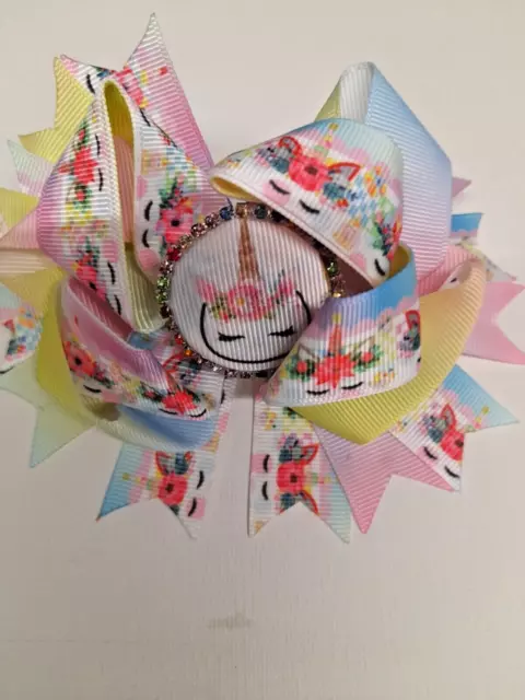 Unicorn  Multicoloured w Rhinestones Bottle Cap Hair Bow 5inch