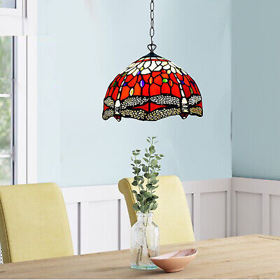Tiffany Red Dragonfly 10 inch Pendant Lamp Stained Glass Shade Antique Style