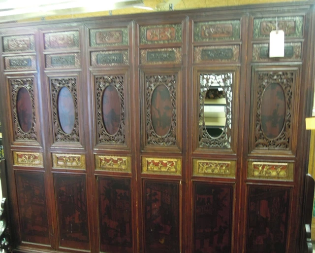 Asian Paneled Room Divider Antique Illustrations Symbols  Black and Gold