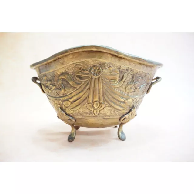 Vintage Brass Embossed decorative Hammered Handmade Bucket Footed Planter Pot