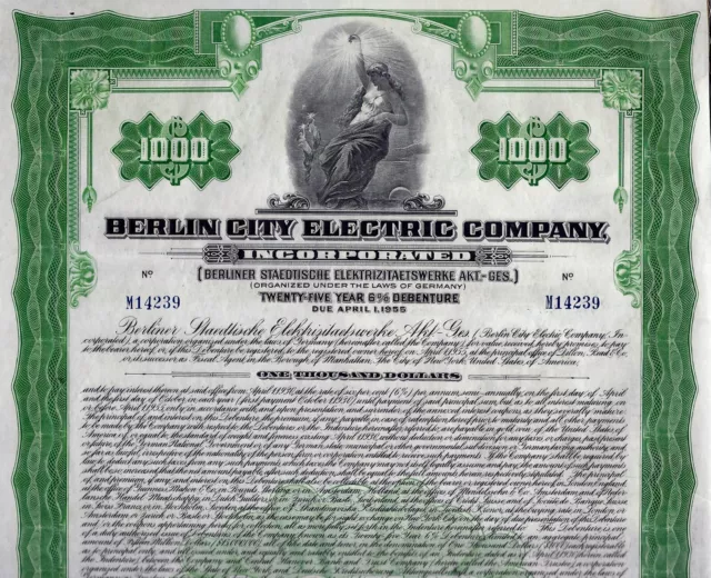 Berlin City Electric Company, 1930,  6% Debenture due 1955 (1.000 $) + Coup.