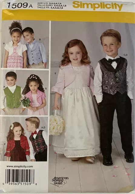 1509 SIMPLICITY sewing pattern Girls Boys Vest Bolero Bowtie Formal SZ 3-8 uncut