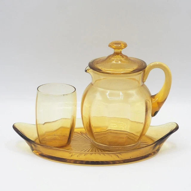PADEN CITY GLASS Guest 3 Pieces Set Pitcher Cup Tray Amber Boudoir
