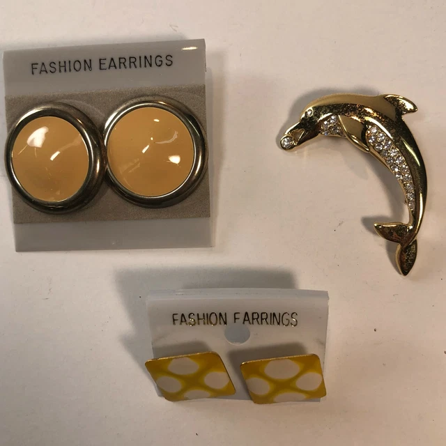 Fashion Costume Jewelry Set - Two Earring Sets Dolphin Pin Yellow