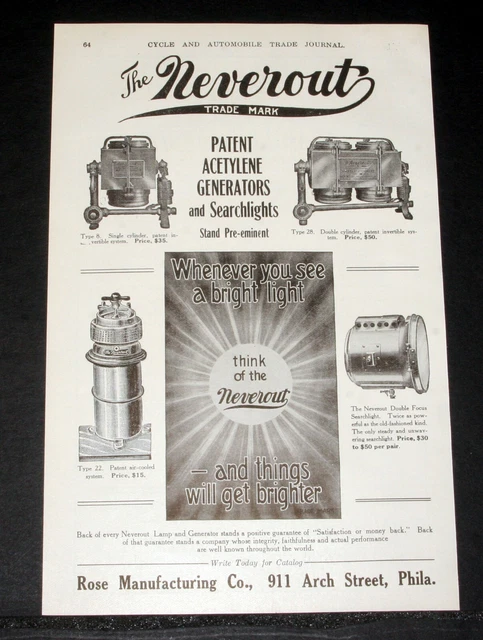 1909 Old Magazine Print Ad, Rose, Neverout Acetylene Generators & Searchlights!