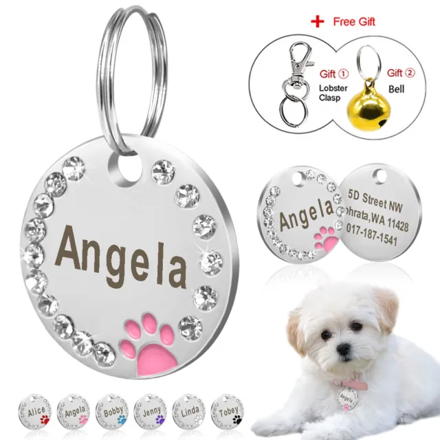Dog ID Tags Personalized Cute Paw Tags Engraved Bling Rhinestone for Pet Cat Dog