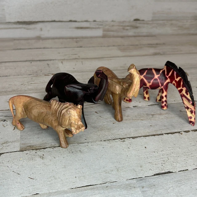 Lot of 4 Wooden Hand Carved Jungle Animal Figurines Giraffe, Lion, 2 Elephants 2