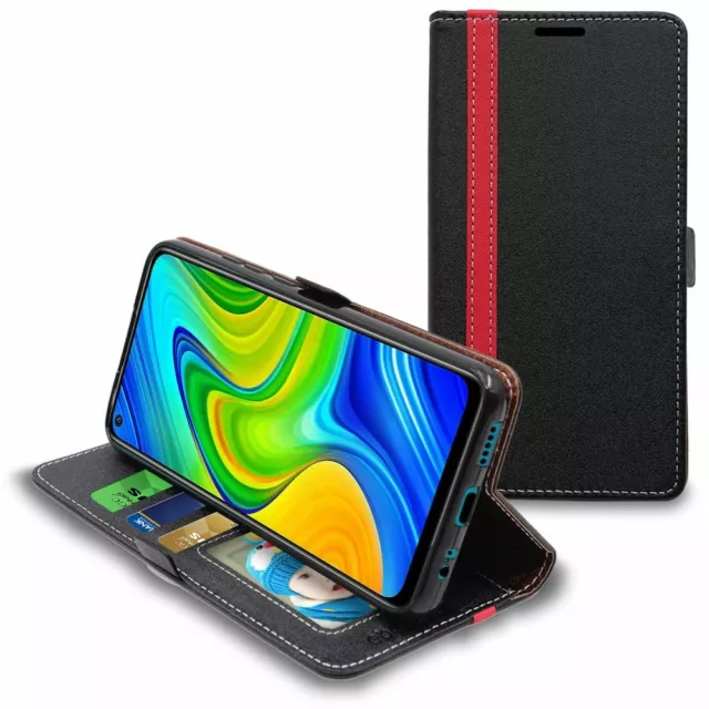 Cover Xiaomi Redmi Note 9 Custodia Portafoglio Pelle PU Libro Flip, Nero / Rosso