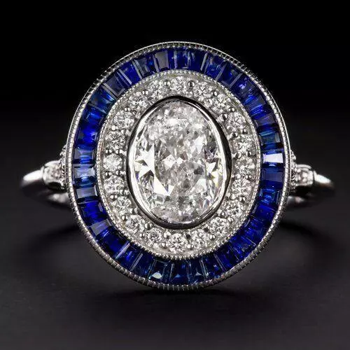 5Ct Simulated Diamond Sapphire Halo Art Deco Engagement Ring White Gold Plated