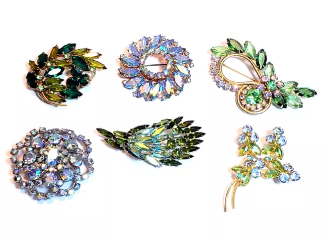 6 Piece Vintage Blue and Green Mixed Style Rhinestone Brooch Lot - Juliana