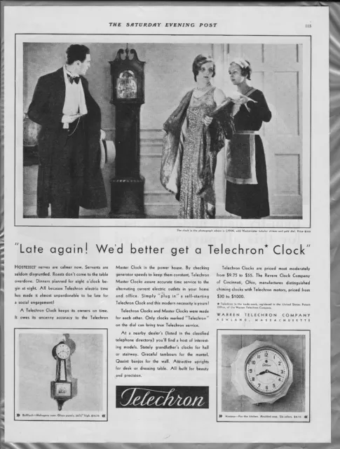 1931 TELECHRON CLOCK advertisement, electric wall clocks, grandfather clock