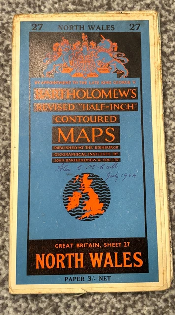 Vintage Bartholomew's Half-Inch Contoured Paper Map Sheet 27 North Wales