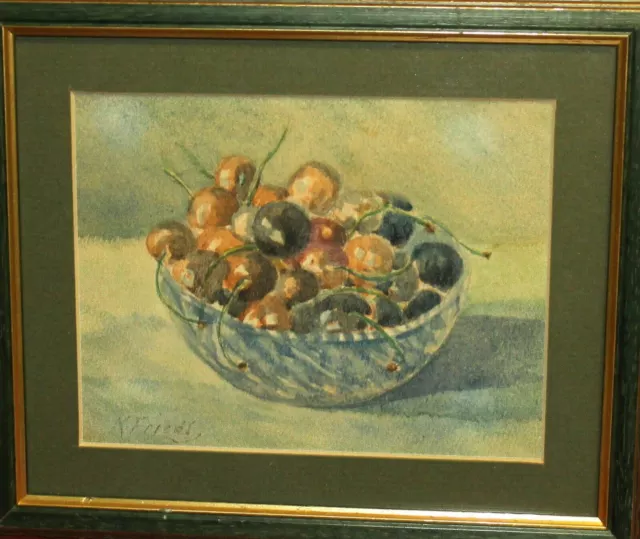 Vintage impressionist watercolor painting still life bowl of cherries signed