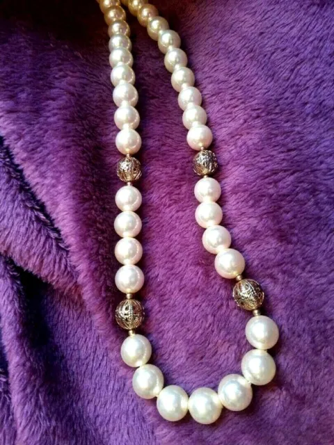 Vintage Pearl White Bead Necklace 1/2" Lucite Rounds Gold Filigree Beads 24.5"