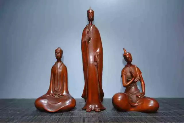 A Set Chinese Natural Boxwood Hand-carved Exquisite Buddha Statue 9534