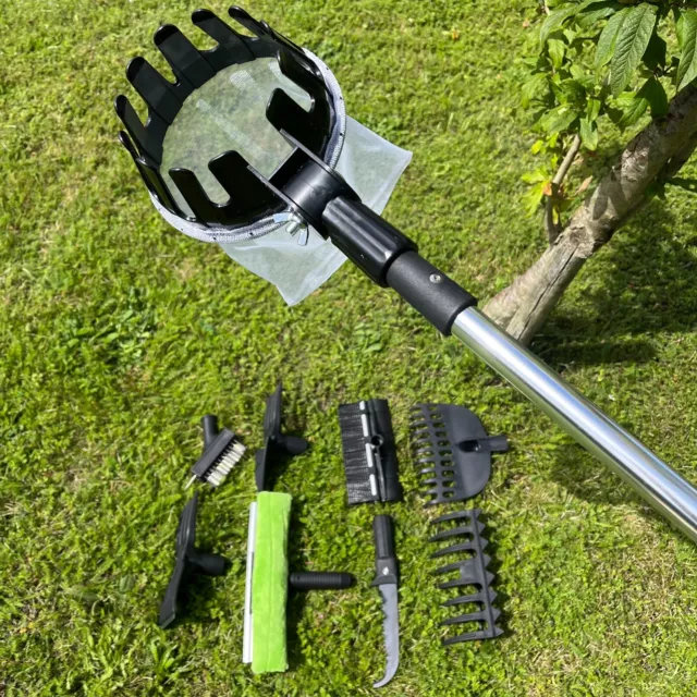 Apple Picker Fruit Harvester with 9 Interchangeable Heads Patio Brush, Leaf Rake