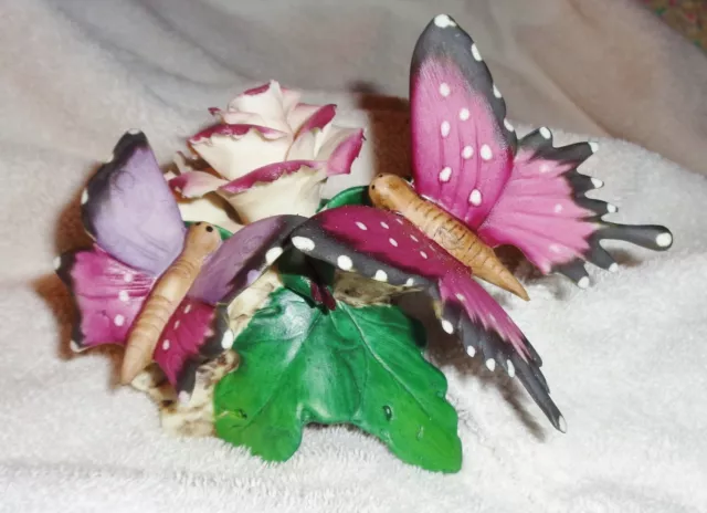 Beautiful Vintage Capodimonte Purple, Green Butterfly & White Roses Figurine