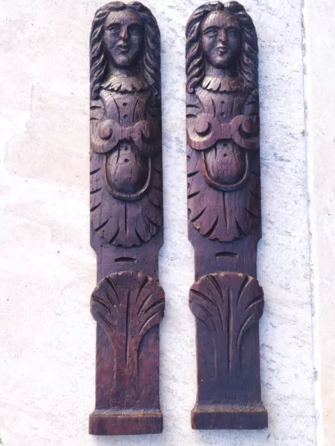 Paire Pilastres Haute Epoque Bois Sculpté Personnage Cariatides Boiserie XVIIème