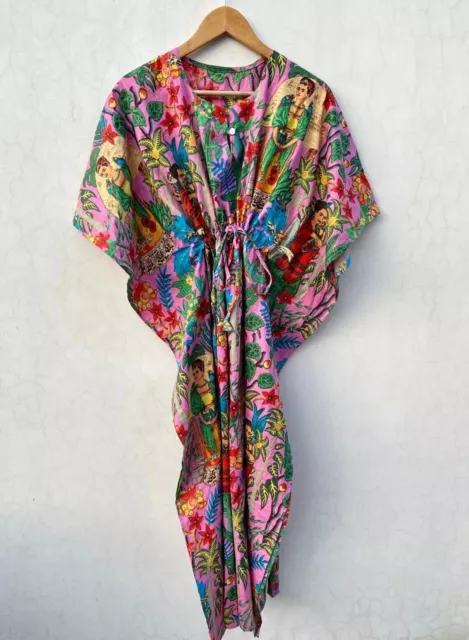 Indian Kaftan Farida Kahlo Print Cotton Kaftan Long Maxi Dress Night Beach Gown