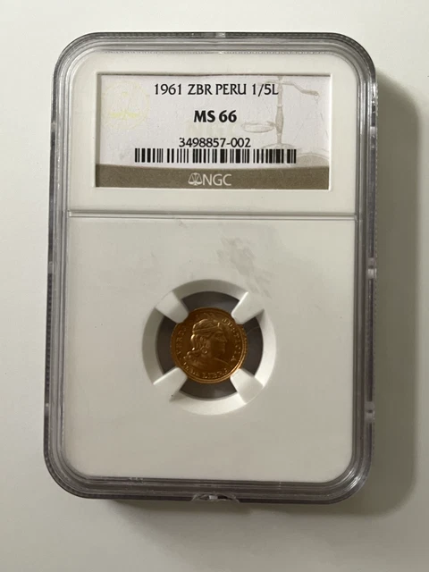 1961 ZBR Peru Gold 1/5 Libra NGC MS-66