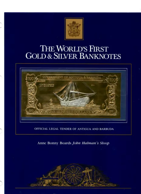 23kt Gold & Silver UNC $100 Antigua 1981 - Anne Bonny Boards John Halman's Sloop