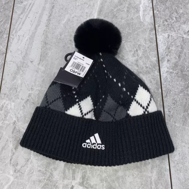 Adidas Womens  Beanie hat One Size Fits All  Black White and Gray with pom NWT