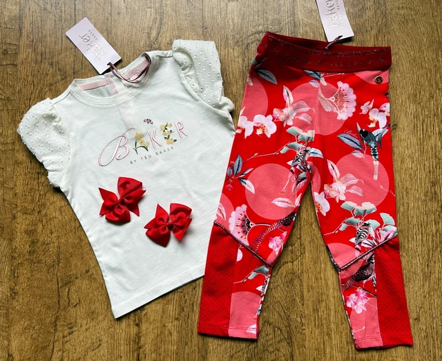 BNWT Ted Baker 2-3 years floral top bird leggings outfit red set bows on clips