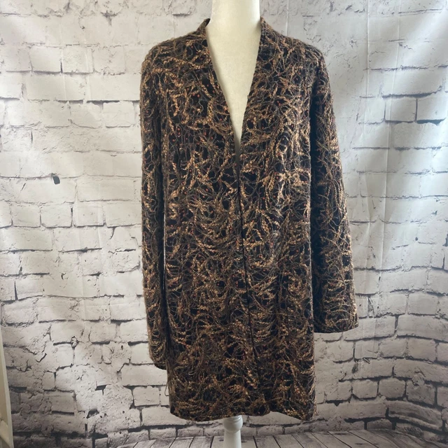 J.Jill Cardigan Womens Medium Tall Wool Blend Knit Open Front Brown Embroidery