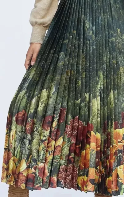 Anthropologie Women Green  Forest  Pleated Floral Print Midi Preppy Skirt Sz S 2