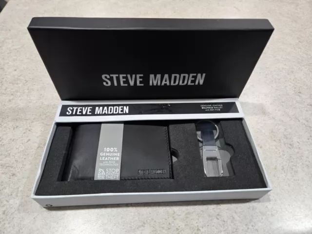 NEW Men's Steve Madden Black Leather BillFold Wallet Key Fob Box Set FREE SHIP