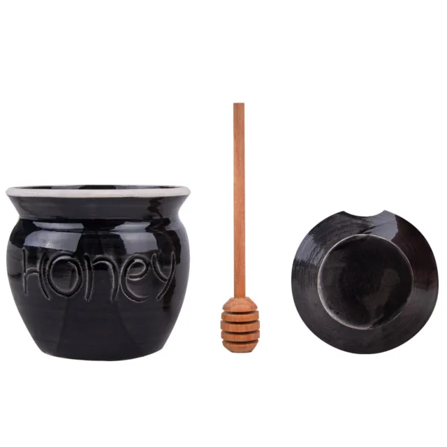 Honey Jar with a Dipper. Ceramic Honey Pot Made Out of Solid Clay Piece - black 3