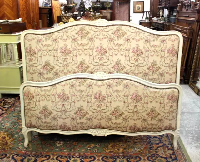 French Antique Louis XV Upholstered Queen Size Bed with Rails & Slats