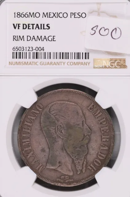 1866-Mo Mexico Maximiliano 1 Silver Peso NGC VF Details Rim Damage #3-004