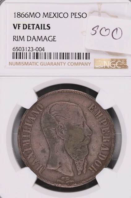 1866-Mo Mexico Maximiliano 1 Silver Peso NGC VF Details Rim Damage #3-004 1866-Mo Mexico Maximiliano 1 Silver Peso NGC VF Details Rim Damage #3-004