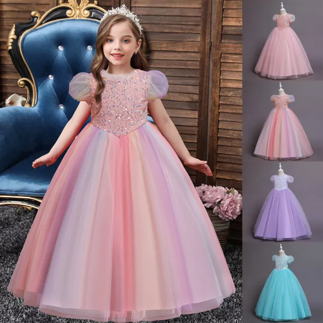 Girls Princess Pageant Tutu Dress Kids Party Wedding Bridesmaid Sequins Dress AU