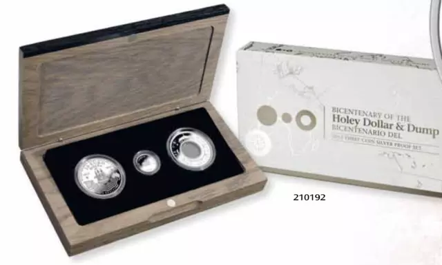 2013 Three Coin Silver Proof Set. Bicentenary of the Holey Dollar and Dump. Bice