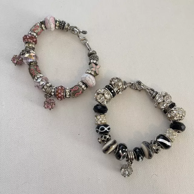 Lot 2 European Charm Bracelets Pink Black Silver Tone Beads Rhinestone Craft