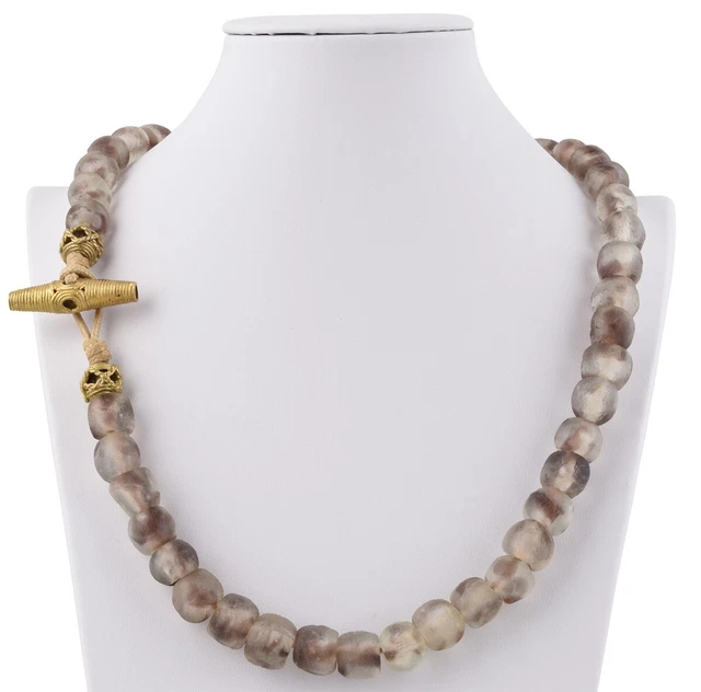 Handmade recycled powder glass beads necklace Krobo brass Ashanti African tribal