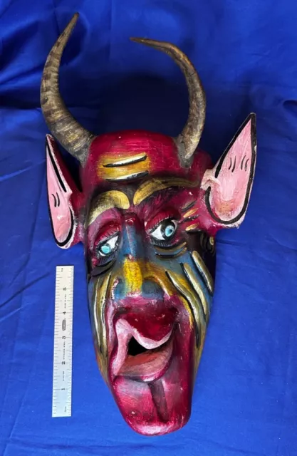 Vintage Carved Wood Paint Mexican Carnival Mask Devil Goat Horns El Diablo READ! 2