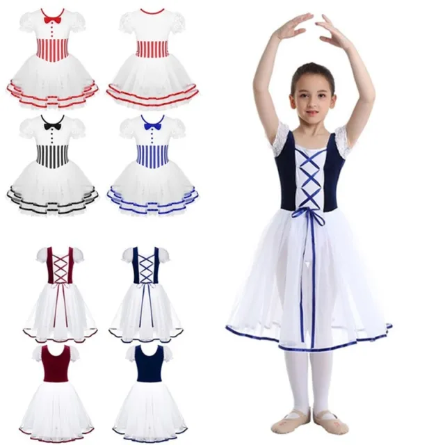 Kids Girls Lace Puff Sleeves Princess Dance Leotard Dress Performance Dancewear