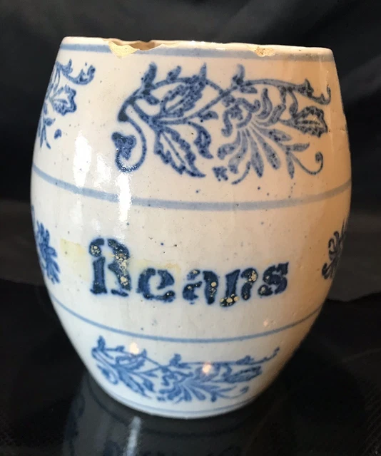 BRUSH McCOY BLUE & WHITE STENCILED WILDFLOWER "BEANS" POTTERY-STONEWARE CANISTER