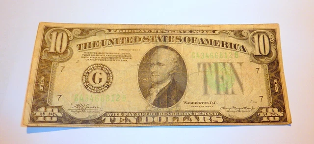 Series 1934 A $10 Ten Dollar Bill US Currency  G Note  See Photos