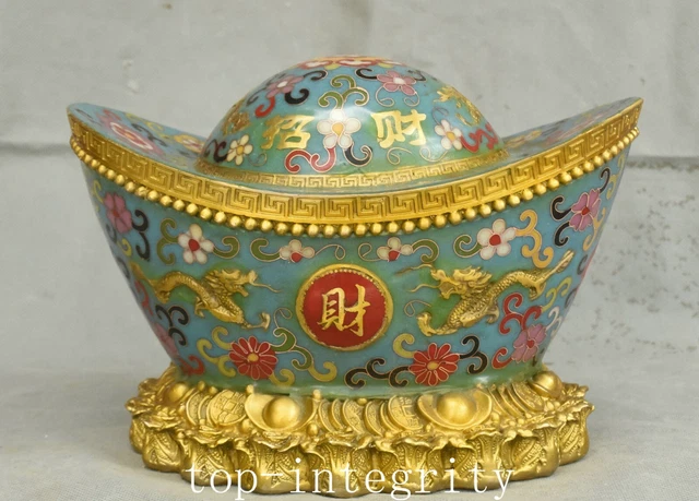 8.6'' Old China Bronze Cloisonne Enamel Wealth Yuanbao Lngots Money Coin Statue