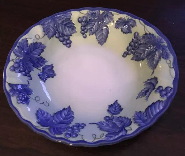 Vintage Fitz and Floyd FF Blue/Green -blue Grapes/leaves Serving Bowl. JAPAN