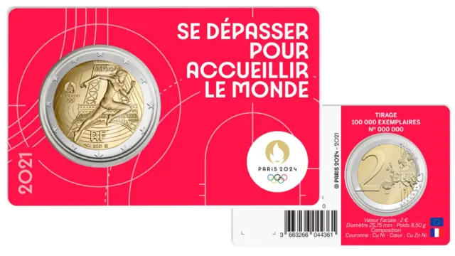 Coincard BU 2 Euros Commémorative France 2021 JO Paris 2024 Olympic Rouge 2