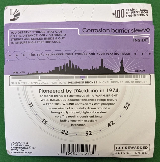 SET OF D’ADDARIO EJ26 Custom Light Gauge Acoustic Guitar Phosphor Bronze Strings £10.50