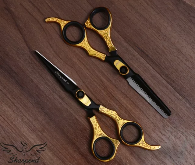 Sharpend Black Gold Hairdressing Scissors Barber Cutting Thinning 6.5" Pro