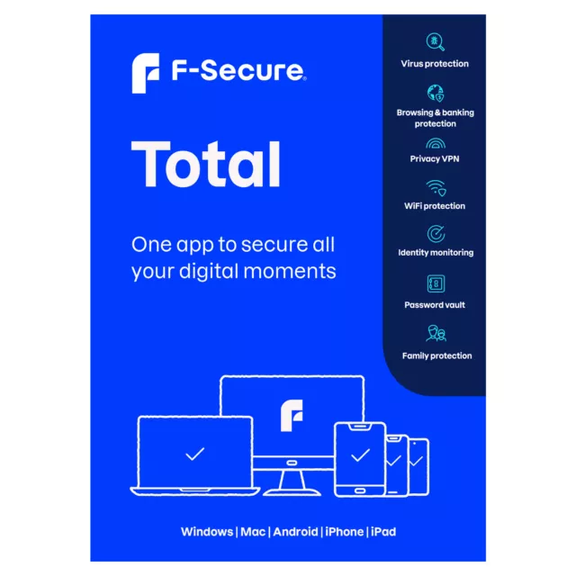F-Secure Total Security 2024 VPN 1 3 5 10 PC Devices 1 Year (CARD BY POST)